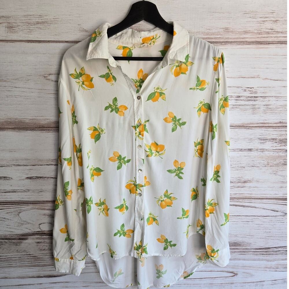 Jane and Delancy Lemon Print Button Down Shirt sz L